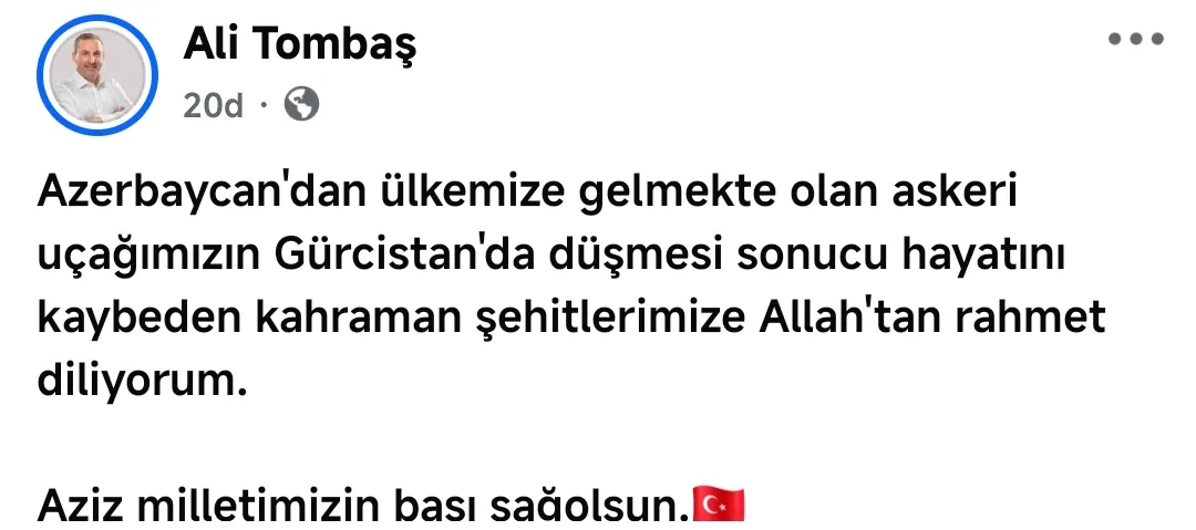 Manşet: Başkan Ali Tombaş’tan şehitler için taziye